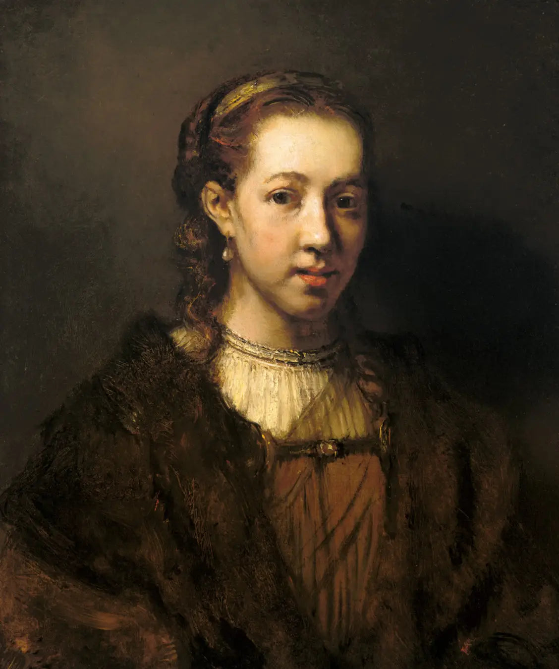 Reproduction du tableau « Figure à mi-corps d'une femme en costume fantaisiste - Rembrandt » par Alpha Reproduction en peinture à l’huile