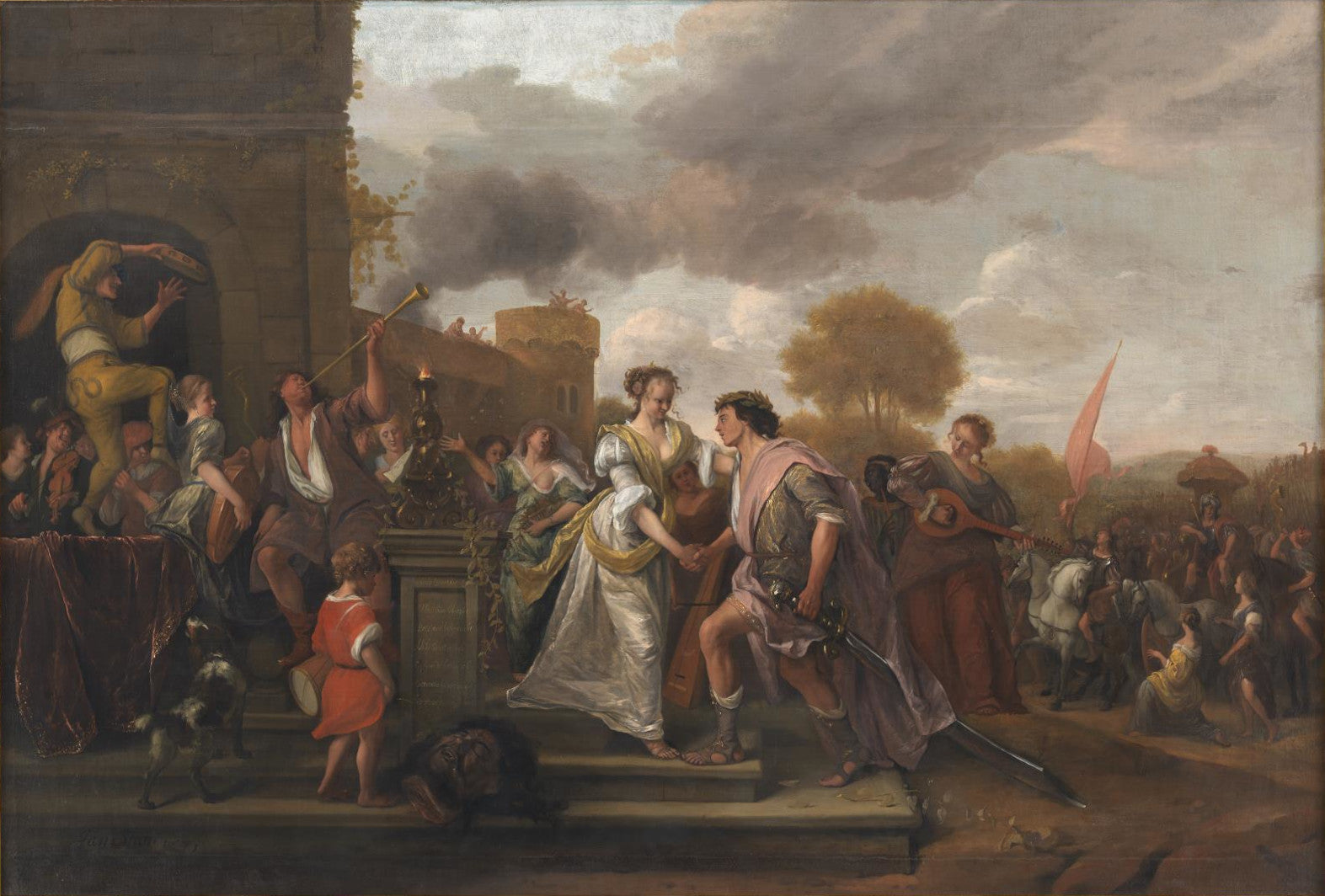 David revient victorieux après avoir vaincu Goliath et les Philistins - Jan Steen