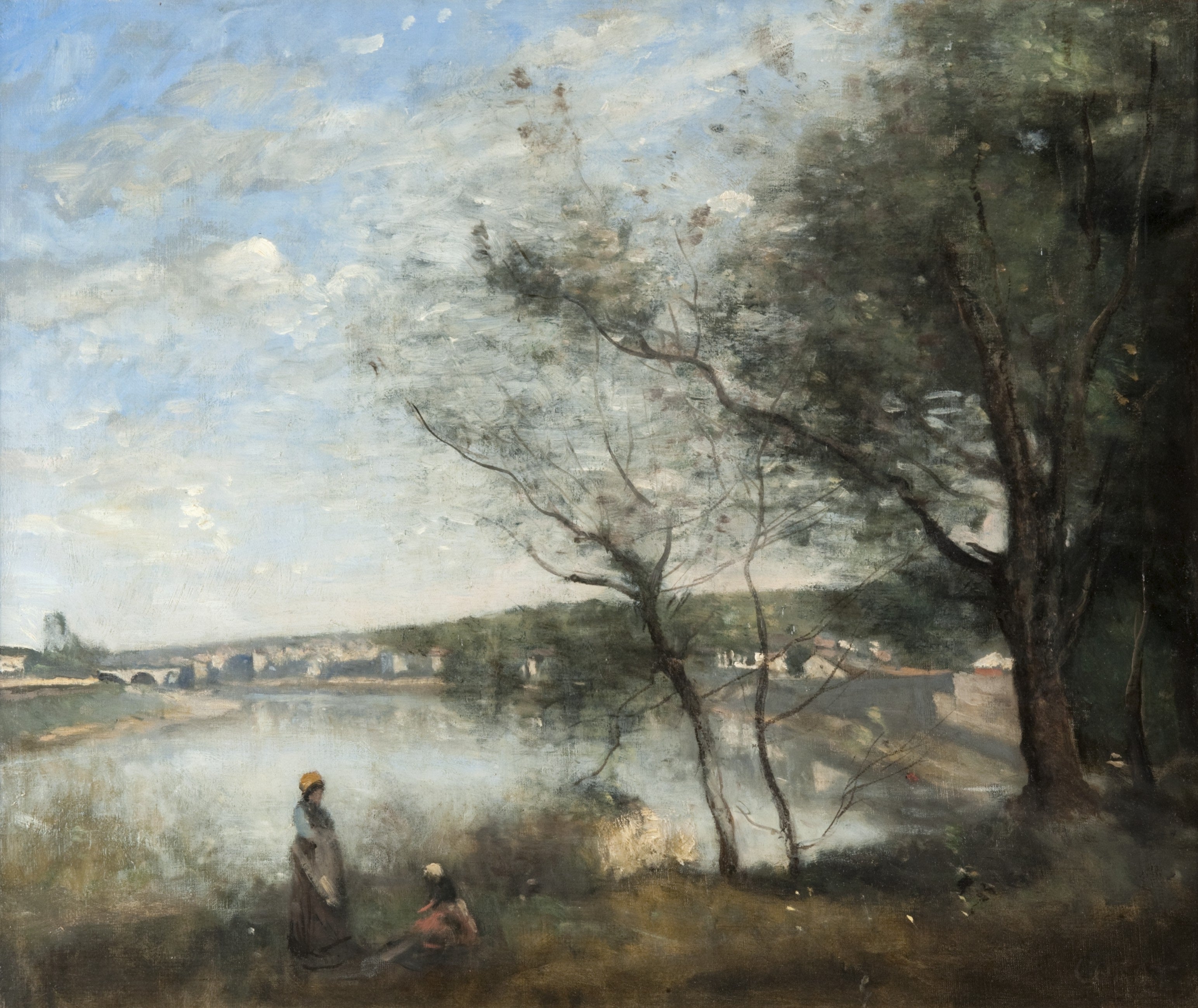 Corbeil vu de loin: Derrière les arbres, le matin - Jean-Baptiste Camille Corot