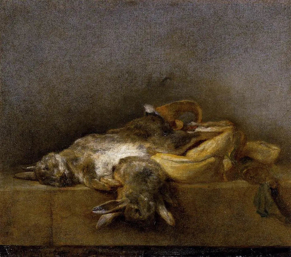 Nature morte avec deux lapins une gibecière et une poire à poudre - Jean Siméon Chardin - Alpha Reproduction