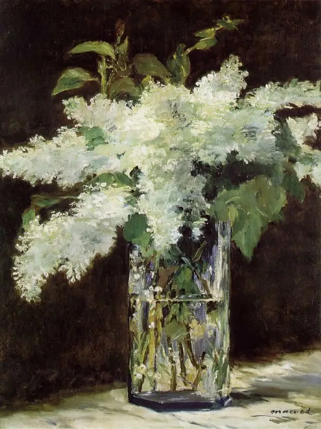 Reproduction du tableau « Lilas blancs dans un vase en verre - Édouard Manet » par Alpha Reproduction en peinture à l’huile