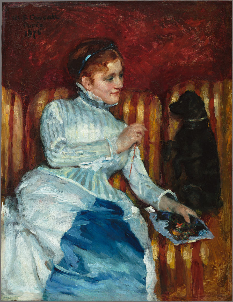 Femme au canapé rayé avec un chien - Mary Cassatt
