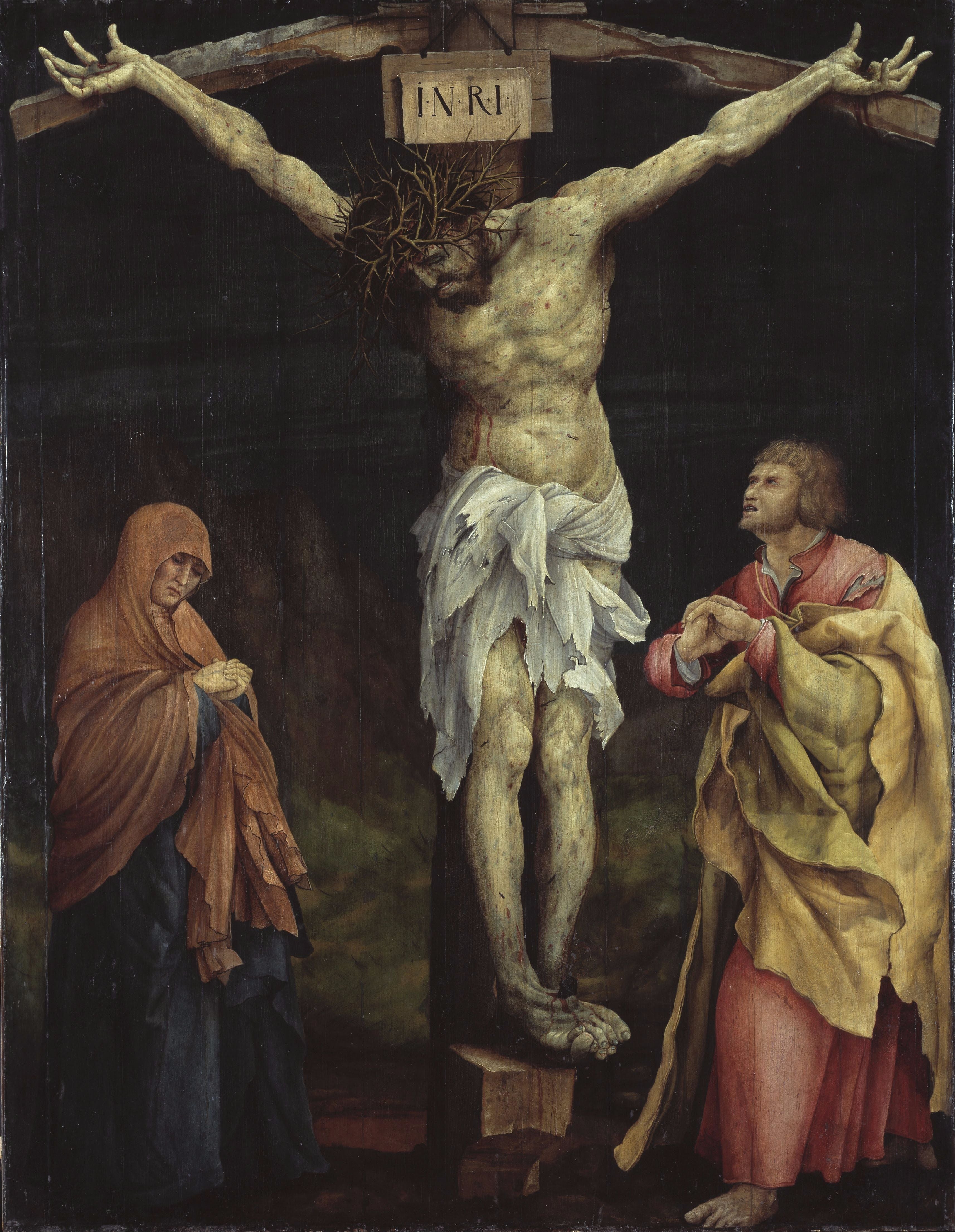 Retable de Tauberbischofsheim : Le Christ en croix avec Marie et saint Jean - Matthias Grünewald