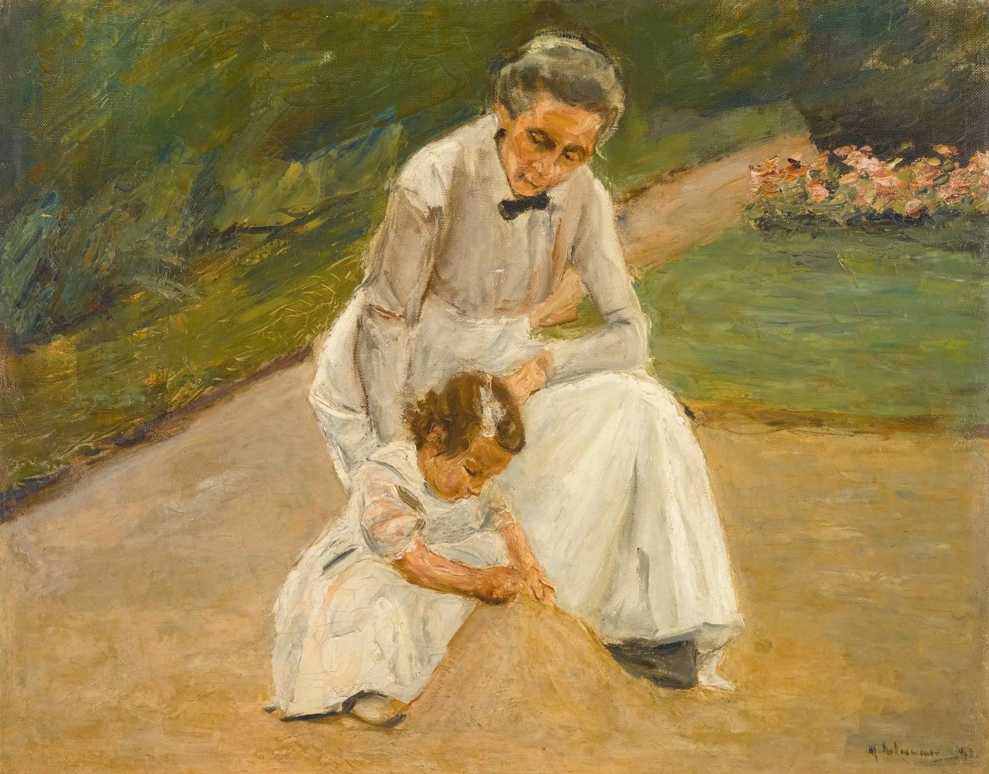 La petite-fille de l’artiste et sa nourrice jouant dans le jardin - Max Liebermann - Alpha Reproduction