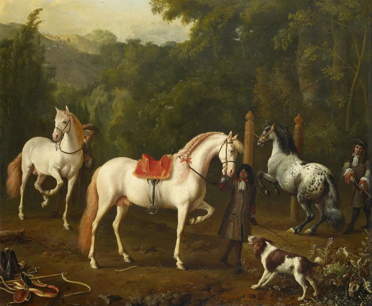 Un palefrenier assistant un maître d’équitation au manège - Melchior de Hondecoeter - Alpha Reproduction