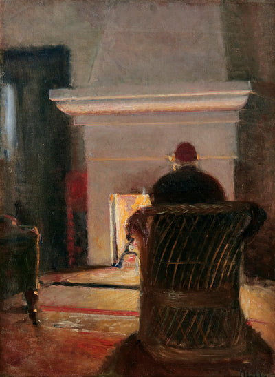 Intérieur avec Holger Drachmann près de la cheminée de la Villa Pax Skagen. - Michael Peter Ancher - Alpha Reproduction