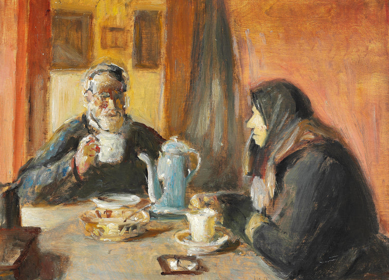 Intérieur avec un couple de personnes âgées buvant du café. - Michael Peter Ancher