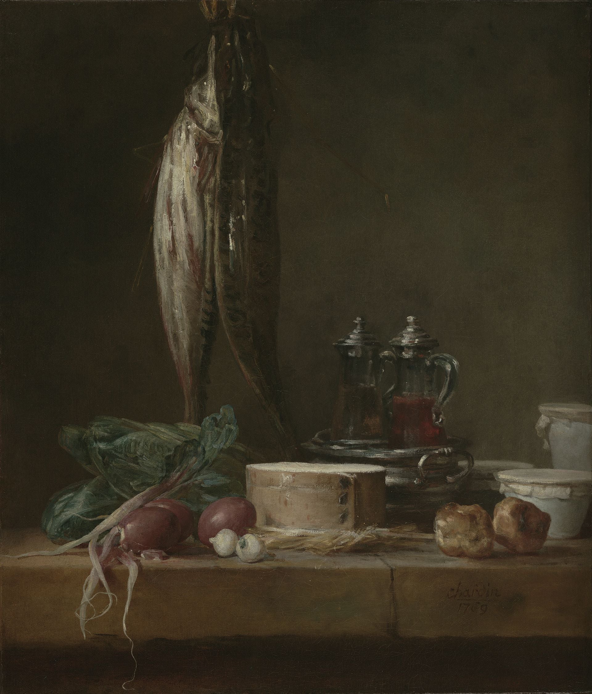 Nature morte avec poissons, légumes, gougères, pots et burettes sur une table - Jean Siméon Chardin