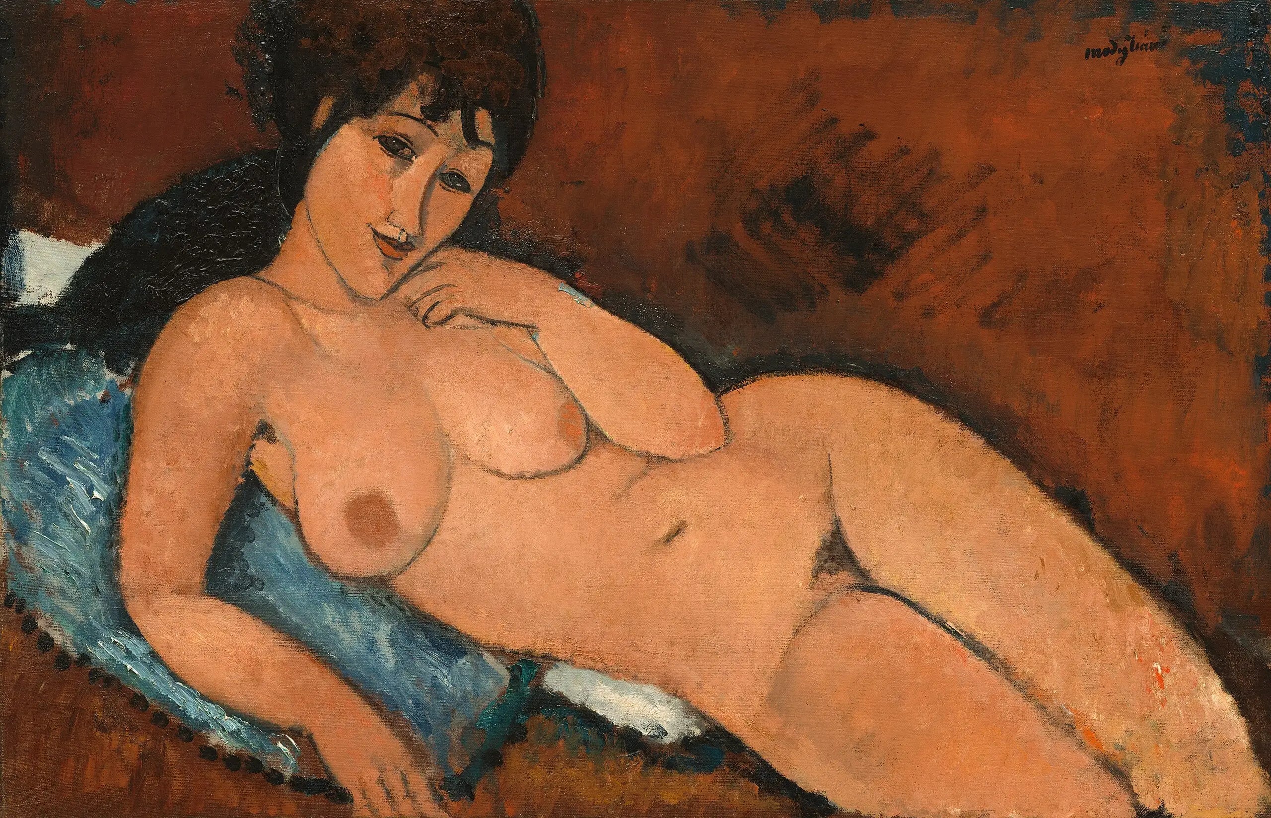 Reproduction du tableau « Nu sur un coussin bleu - Amedeo Modigliani » par Alpha Reproduction en peinture à l’huile
