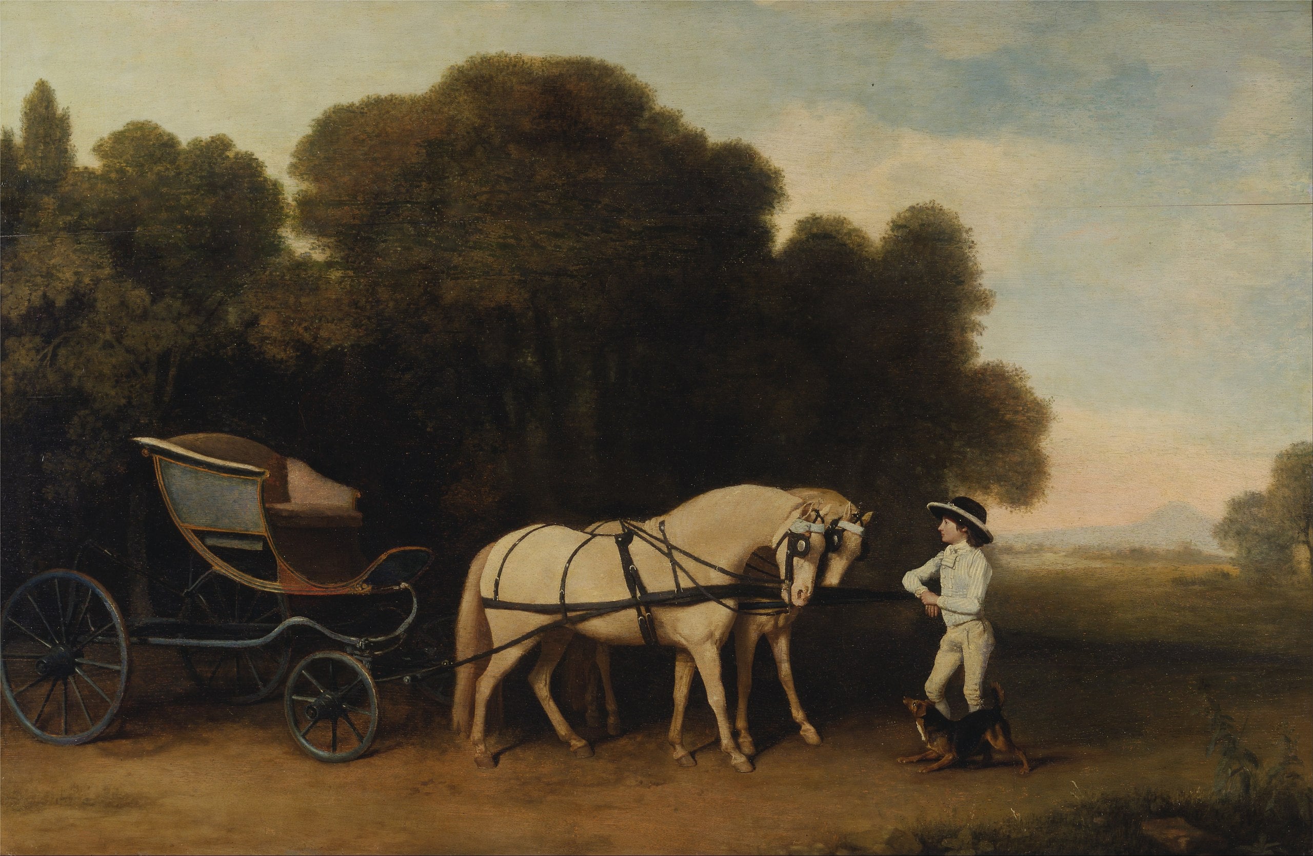 Phaéton avec une paire de poneys crème et un garçon d'écurie - George Stubbs