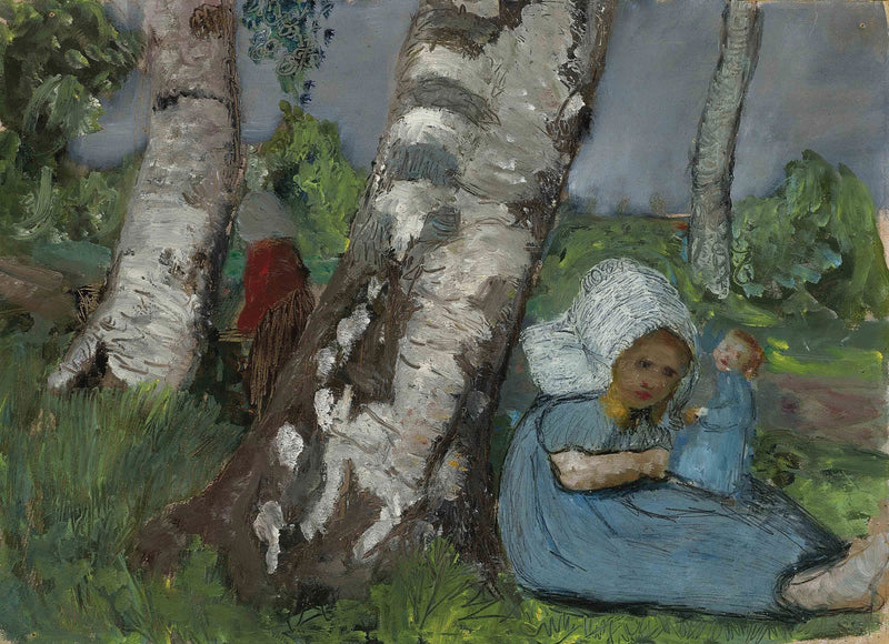 Kind mit Puppe am Birkenstamm sitzend (1902) - Paula Modersohn-Becker