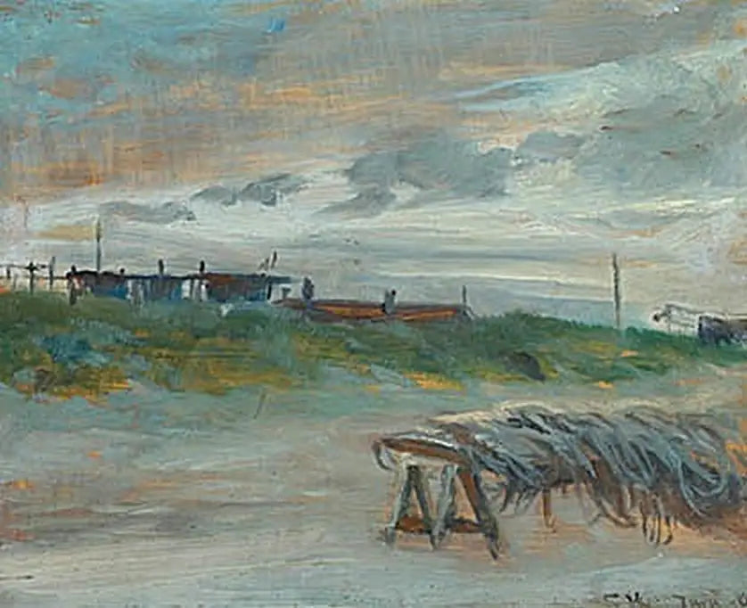 Skagen Sønderstrand par une soirée de juin par temps nuageux. Filets de pêche devant. - Peder Severin Krøyer - Alpha