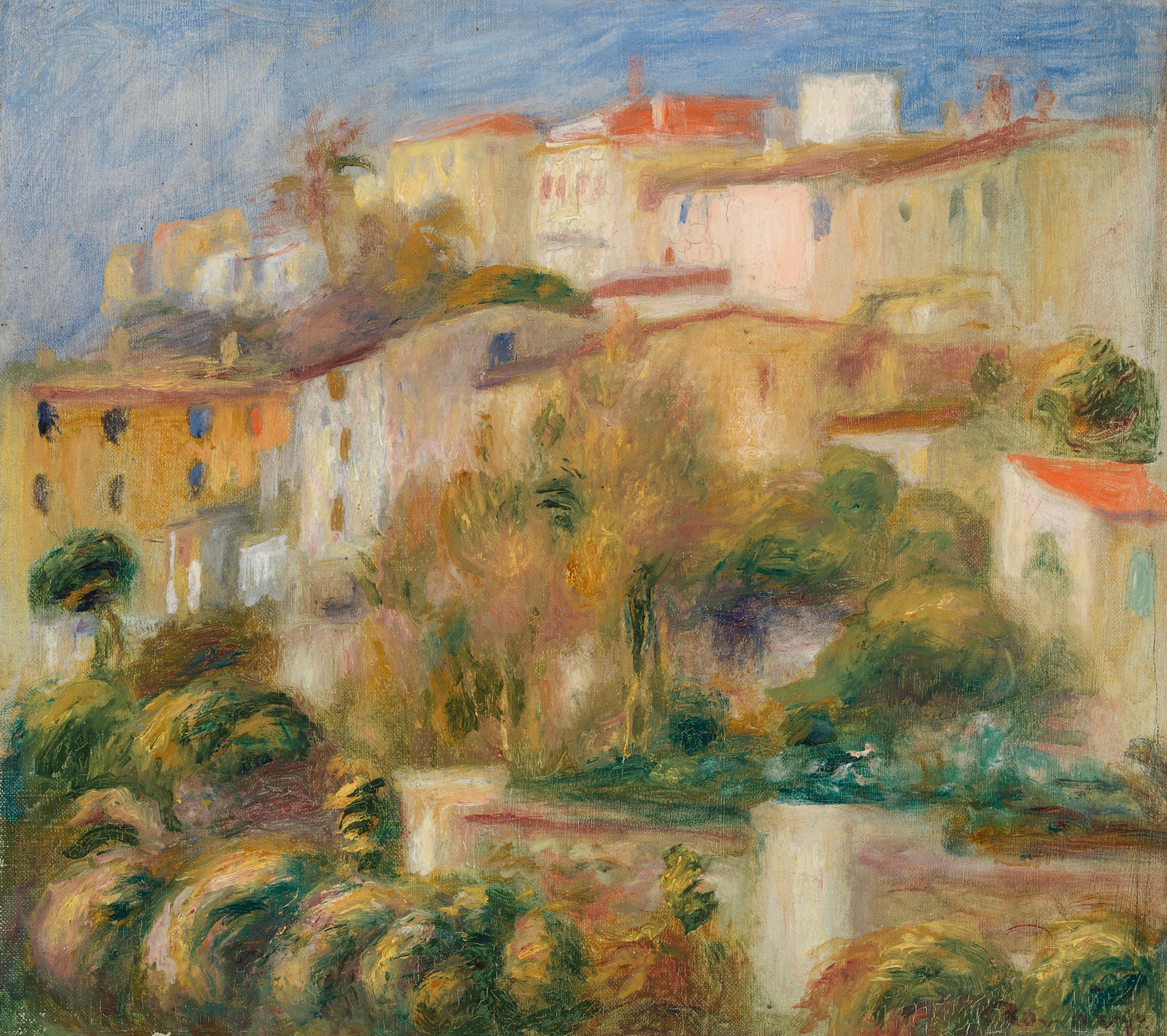 Reproduction du tableau « Houses on a Hill (Groupe de maisons sur un coteau) - Pierre-Auguste Renoir » par Alpha Reproduction en peinture à l’huile