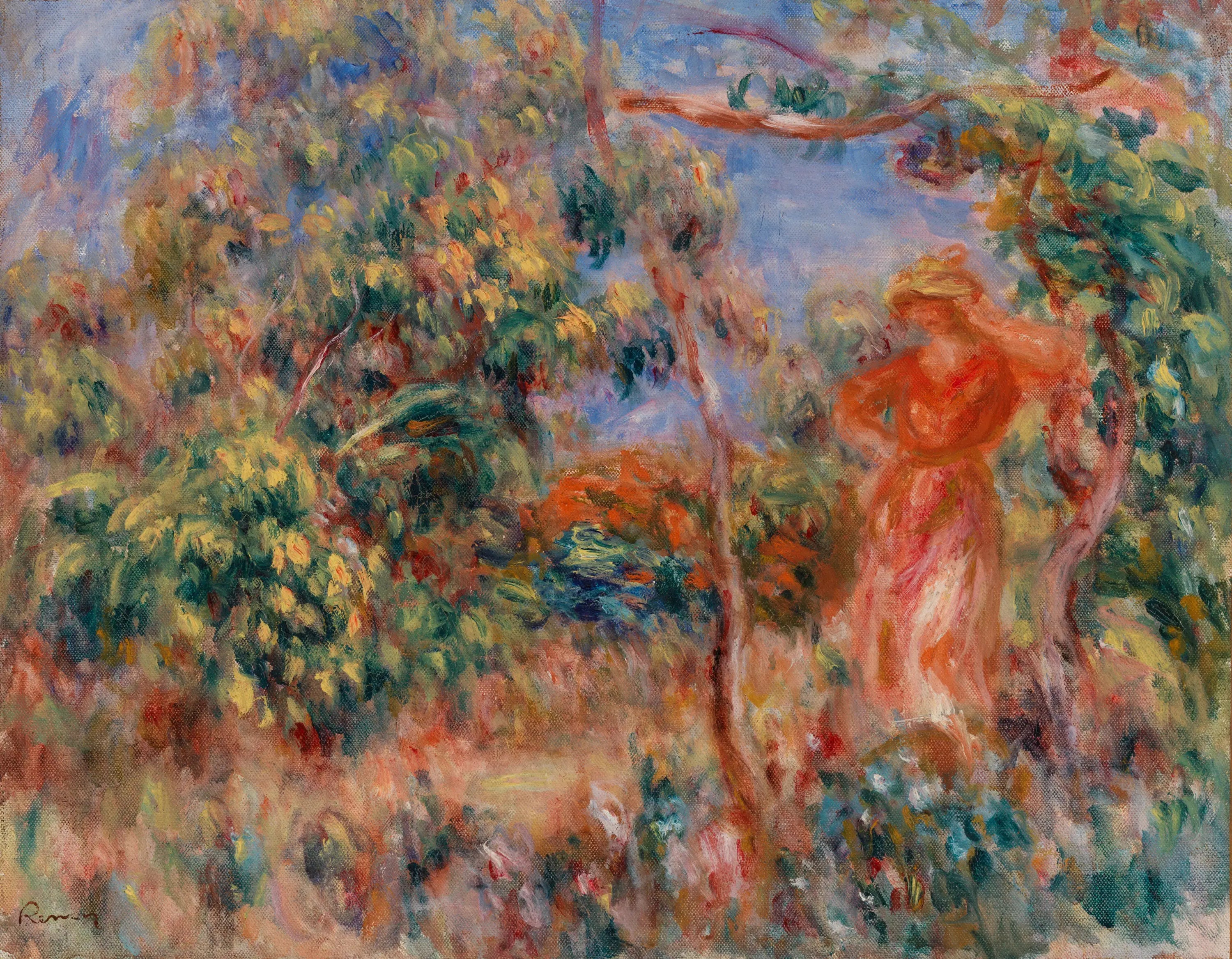 Reproduction du tableau « Femme en rouge dans un paysage - Pierre-Auguste Renoir » par Alpha Reproduction en peinture à l’huile