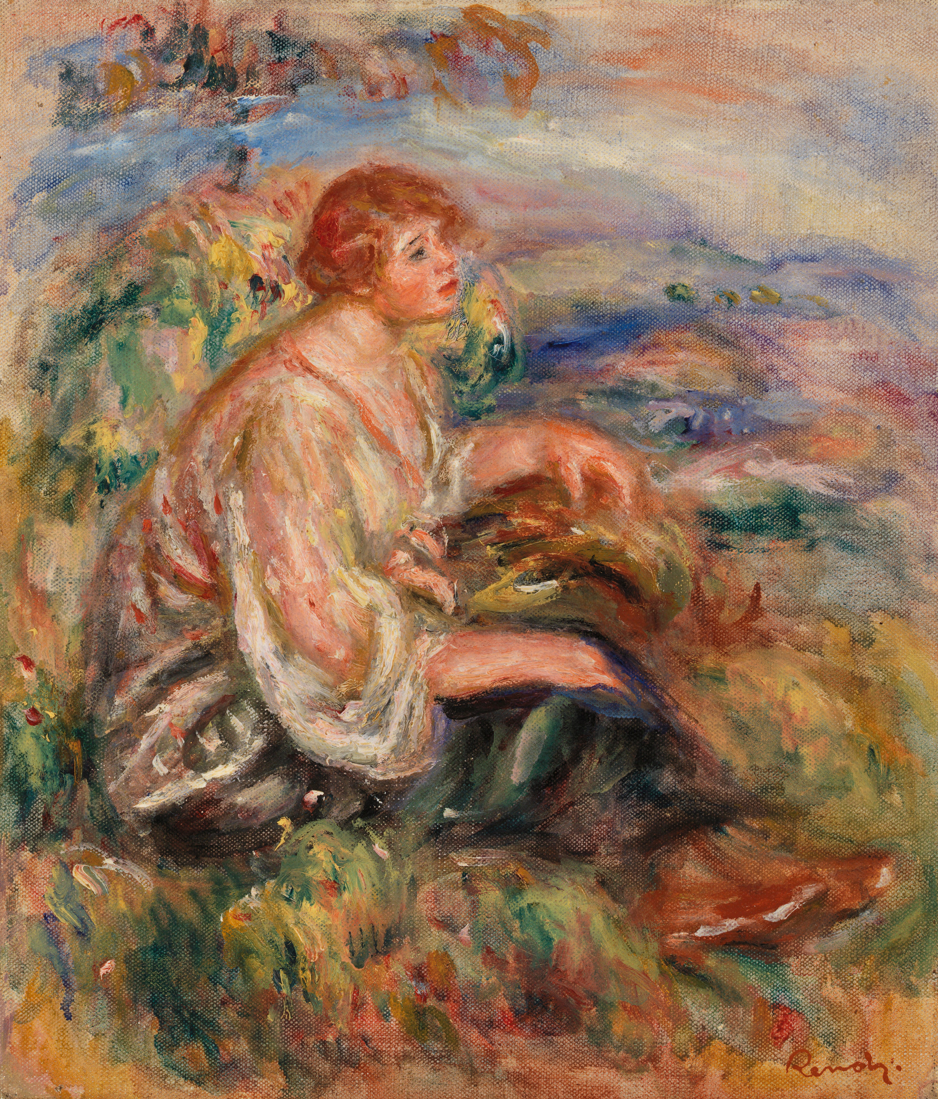 Reproduction du tableau « Femme en chemisier de tulle et en jupe noire dans un paysage - Pierre-Auguste Renoir » par Alpha Reproduction en peinture à l’huile