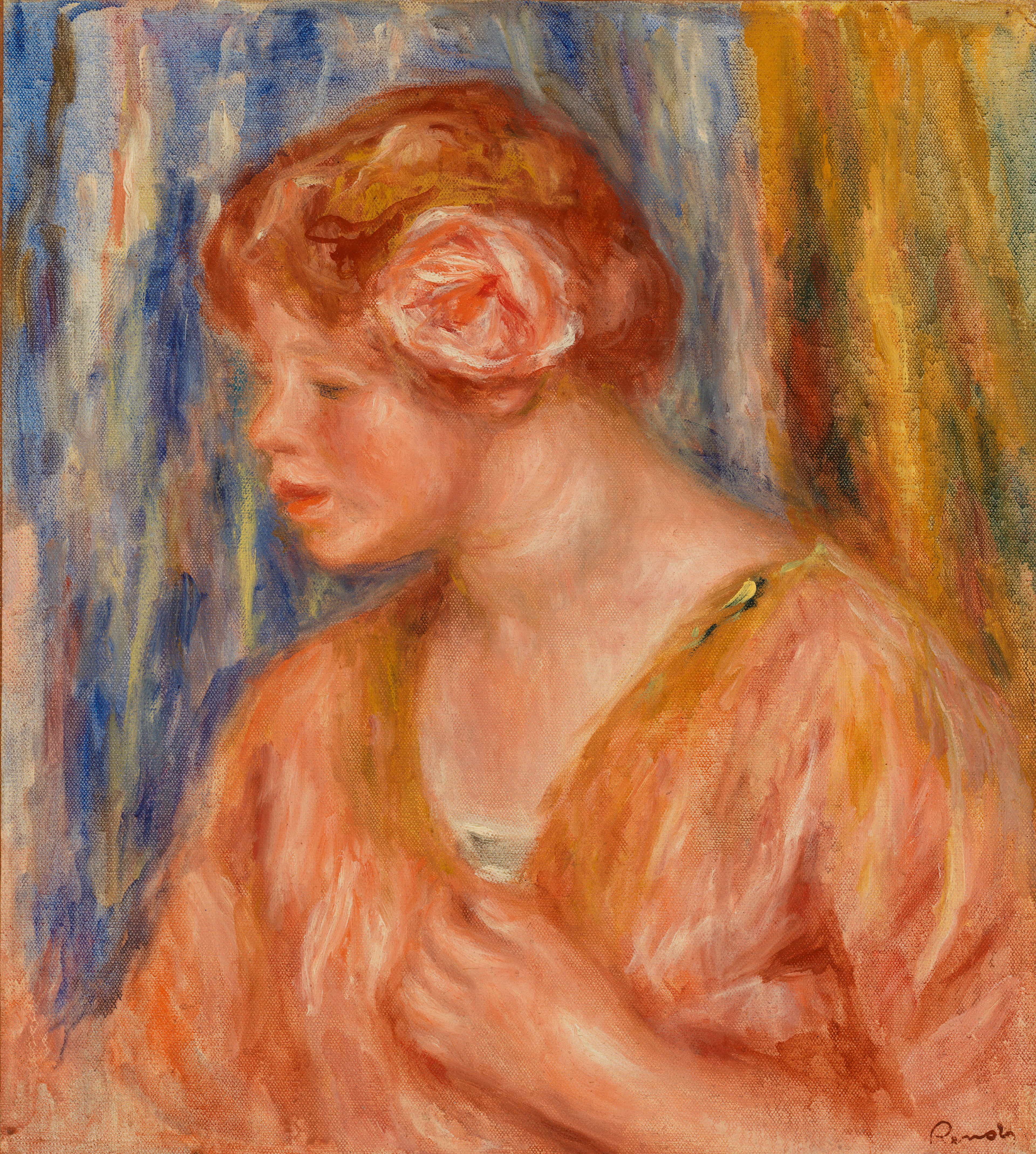 Reproduction du tableau « Jeune fille à la rose - Pierre-Auguste Renoir » par Alpha Reproduction en peinture à l’huile