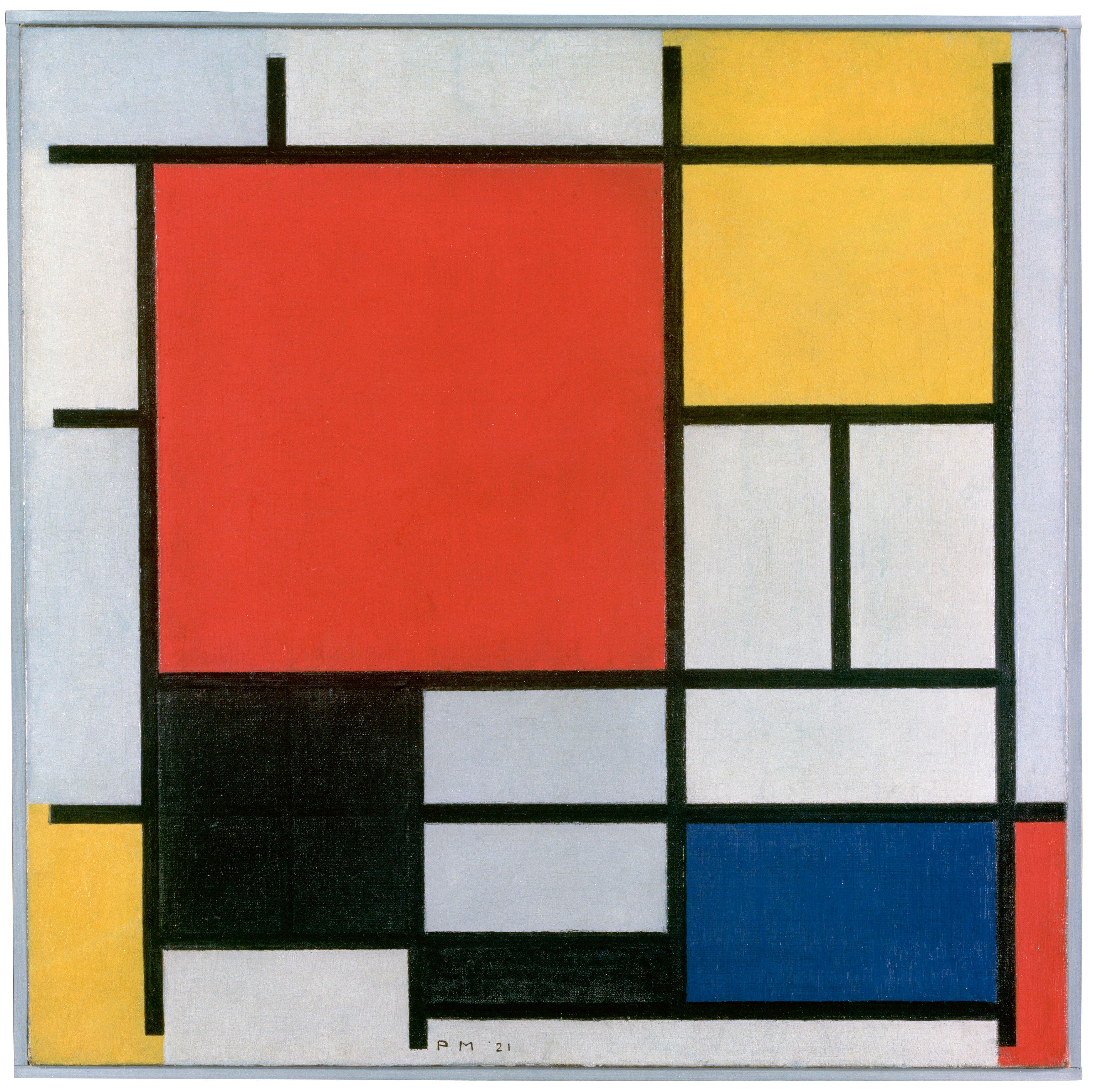 Reproduction du tableau « Composition avec grand plan rouge, jaune, noir, gris et bleu - Piet Mondrian » par Alpha Reproduction en peinture à l’huile