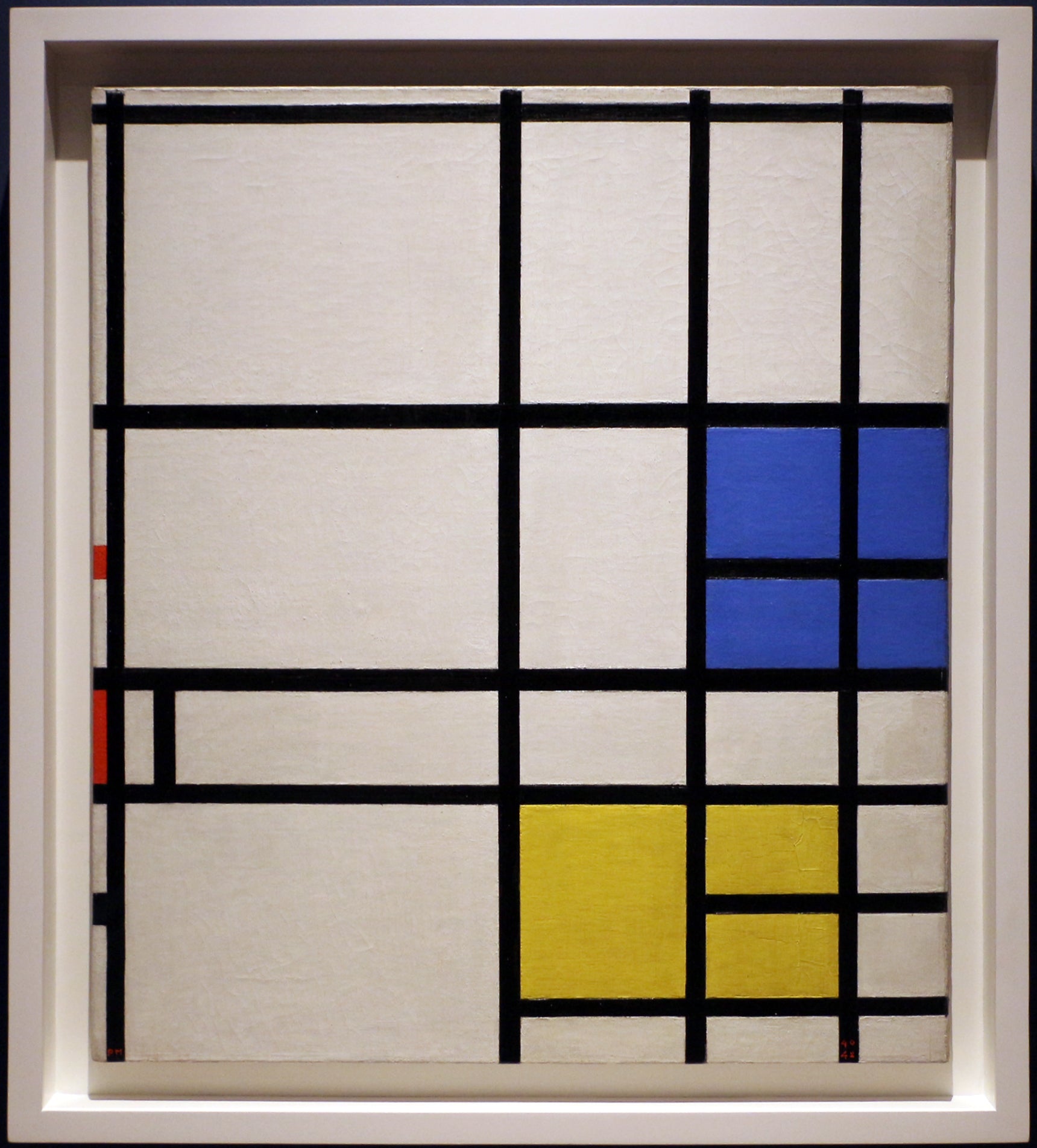 Reproduction du tableau « Composition n° 11, 1940-42--LONDRES, avec bleu, rouge et jaune - Piet Mondrian » par Alpha Reproduction en peinture à l’huile