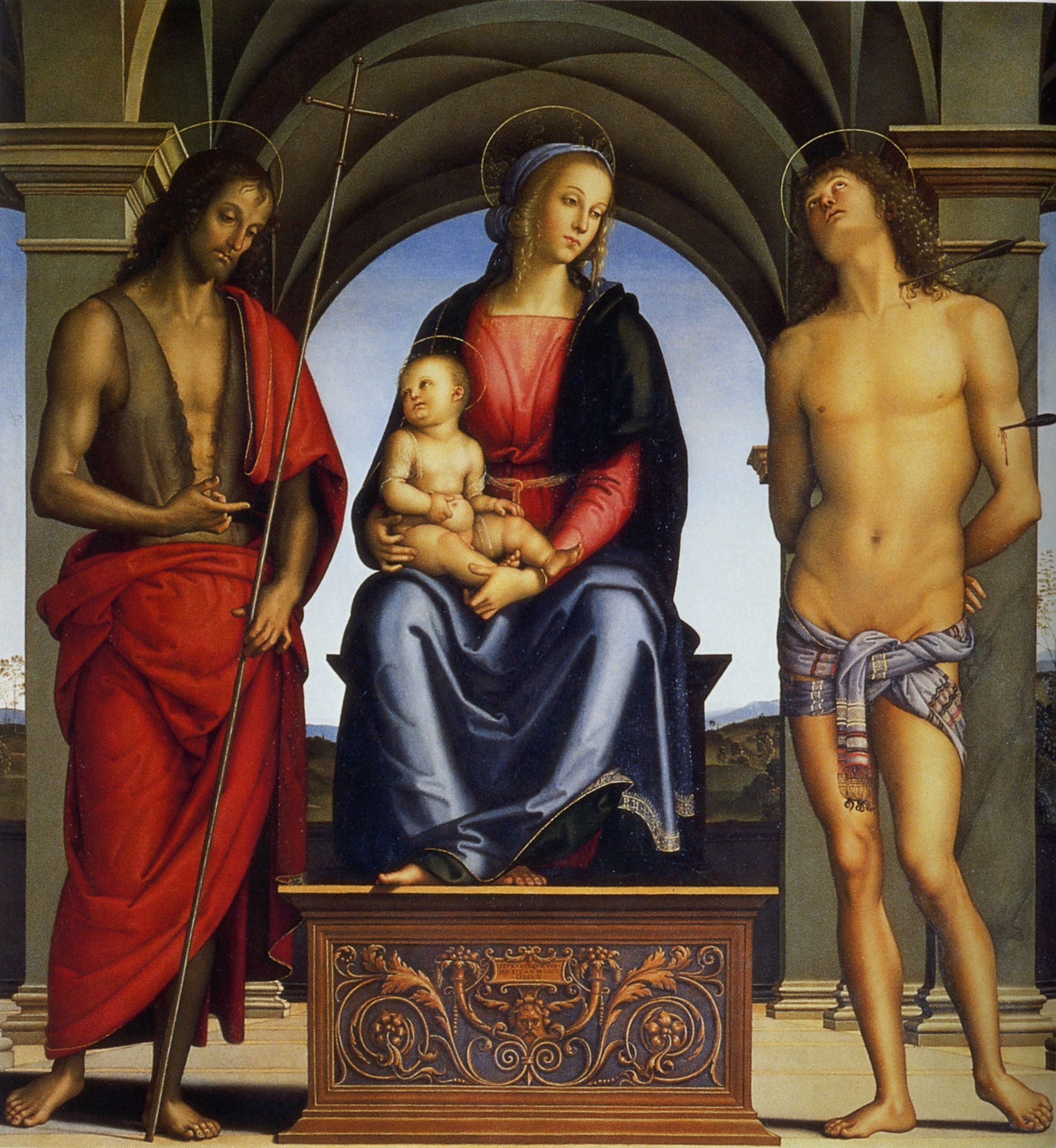 La Vierge à l'Enfant entre les saints Jean-Baptiste et Sébastien - Pietro Perugino
