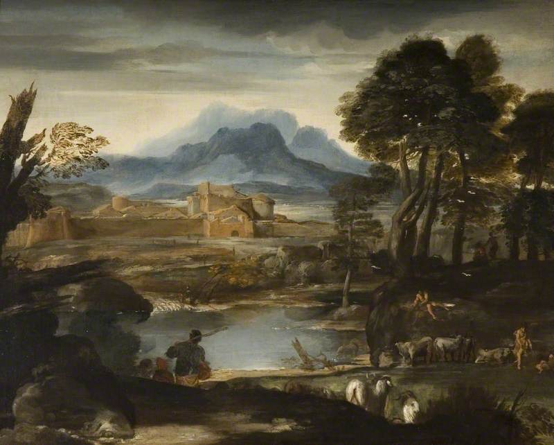 Paysage avec un lac et une ville fortifiée - Pietro da Cortona