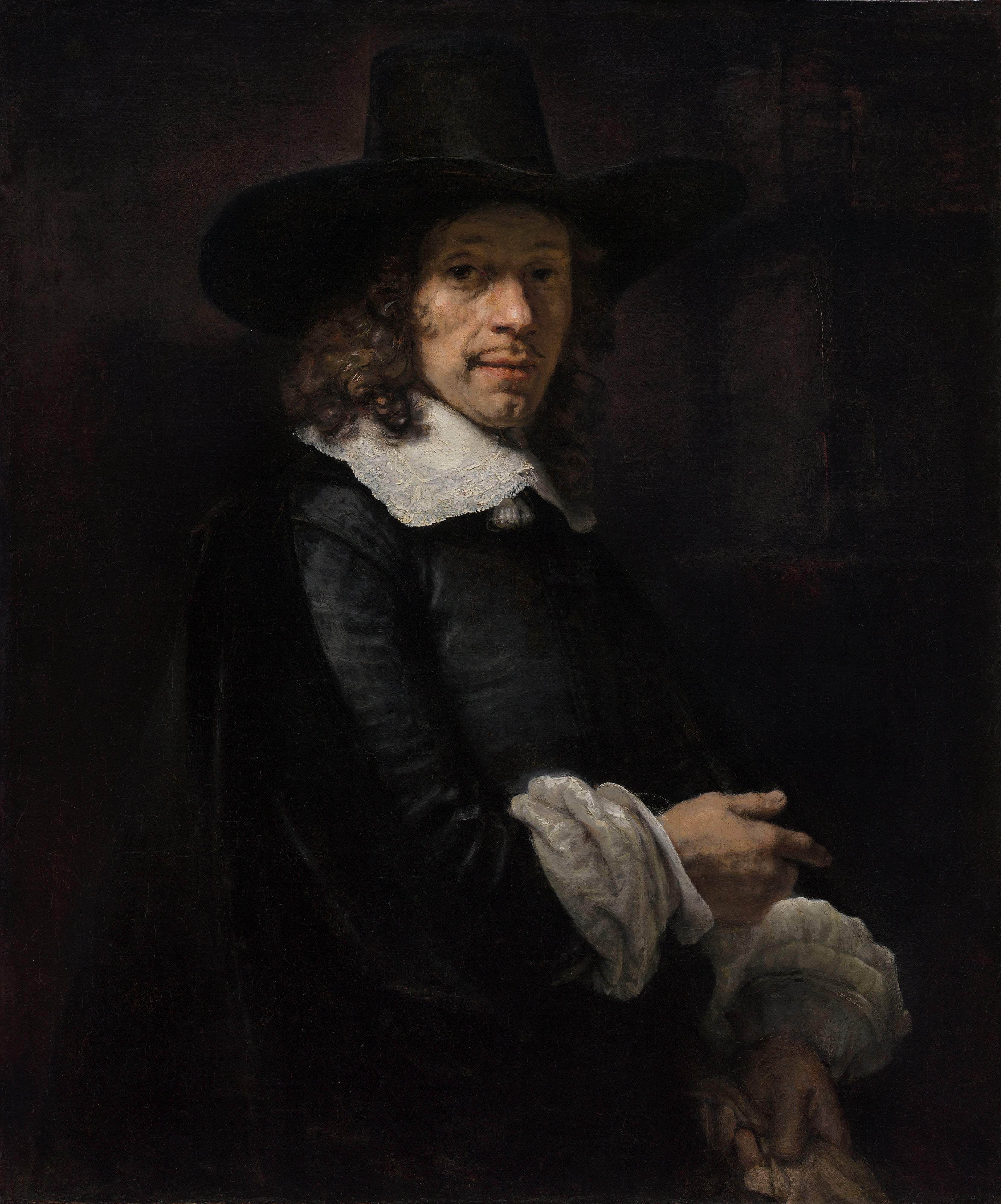 Reproduction du tableau « Portrait d'un homme avec un chapeau haut de forme et des gants - Rembrandt » par Alpha Reproduction en peinture à l’huile