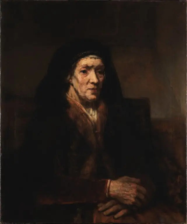 Reproduction du tableau « Portrait d'une vieille femme assise, les mains jointes - Rembrandt » par Alpha Reproduction en peinture à l’huile