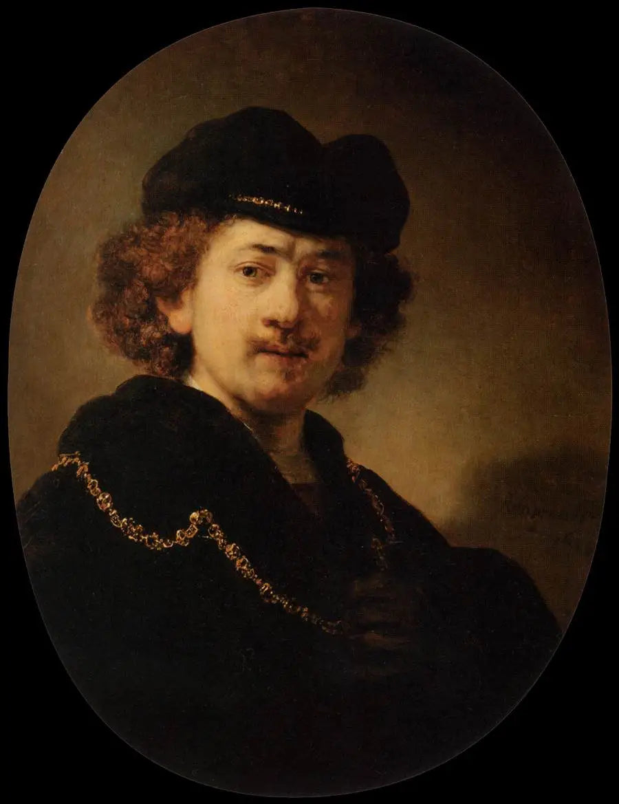 Reproduction du tableau « Portrait de l'artiste à la toque et à la chaîne d'or - Rembrandt » par Alpha Reproduction en peinture à l’huile