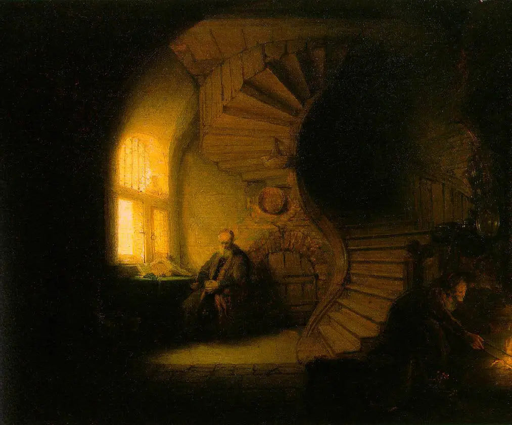 Reproduction du tableau « Philosophe en contemplation - Rembrandt » par Alpha Reproduction en peinture à l’huile