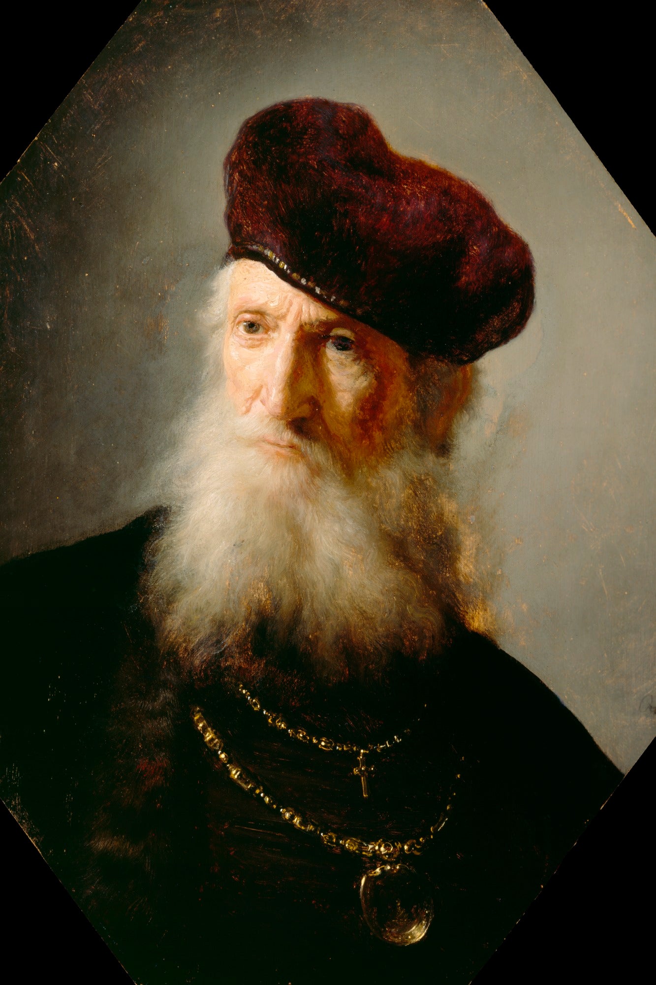 Reproduction du tableau « Tête d'un vieil homme barbu portant un haut béret - Rembrandt » par Alpha Reproduction en peinture à l’huile