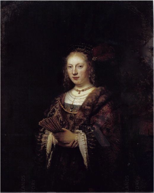 Reproduction du tableau « Portrait d'une femme avec un éventail - Rembrandt » par Alpha Reproduction en peinture à l’huile