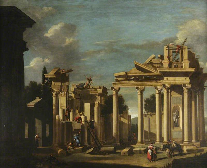 La construction d'un temple classique dans un paysage - Sebastiano Ricci