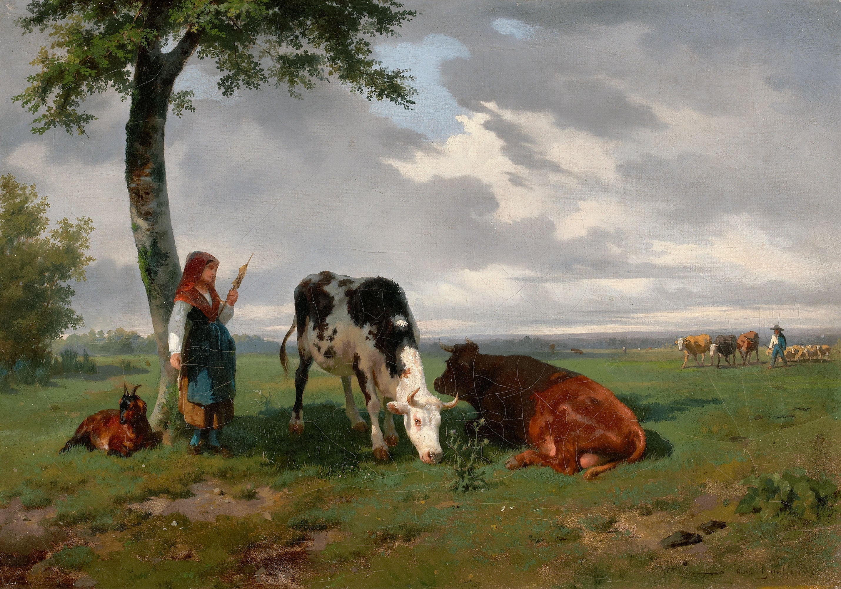 Une bergère avec une chèvre et deux vaches dans un pré - Rosa Bonheur