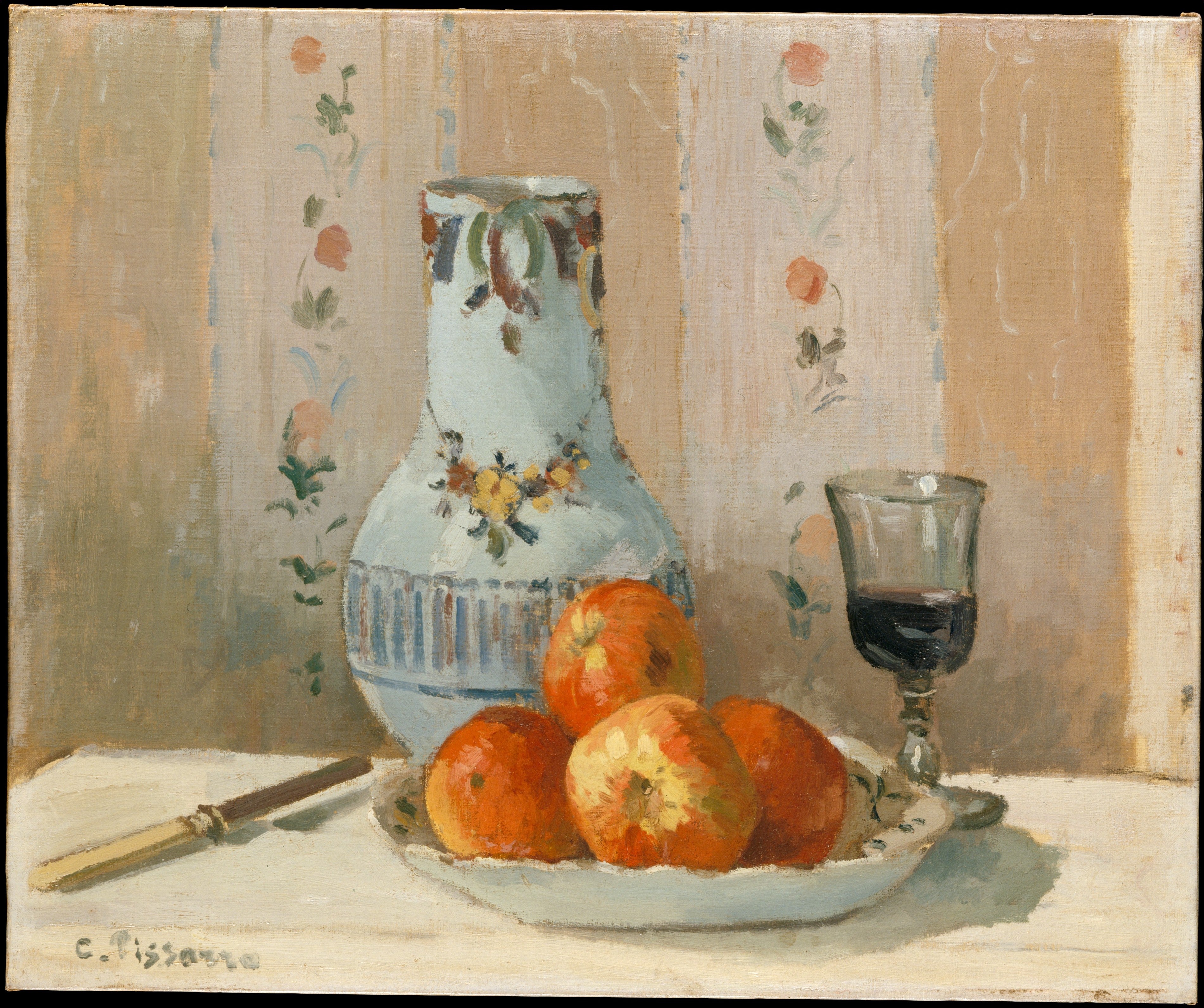 Reproduction du tableau « Pommes de Ghâtaignier et faïence émaillée sur une table - Camille Pissarro » par Alpha Reproduction en peinture à l’huile