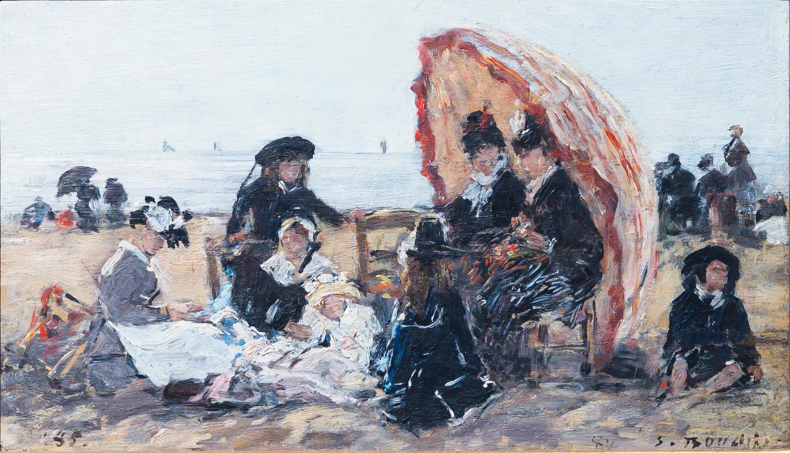 Reproduction du tableau « Sur la plage de Trouville, à l'abri du parasol rouge - Eugène Boudin » par Alpha Reproduction en peinture à l’huile