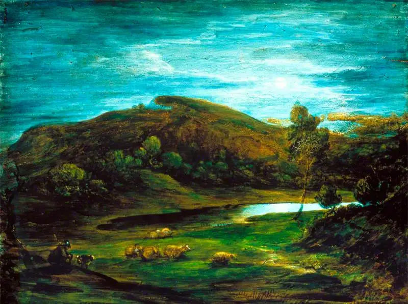 Paysage ouvert avec un berger des moutons une piscine et des collines lointaines - Thomas Gainsborough - Alpha