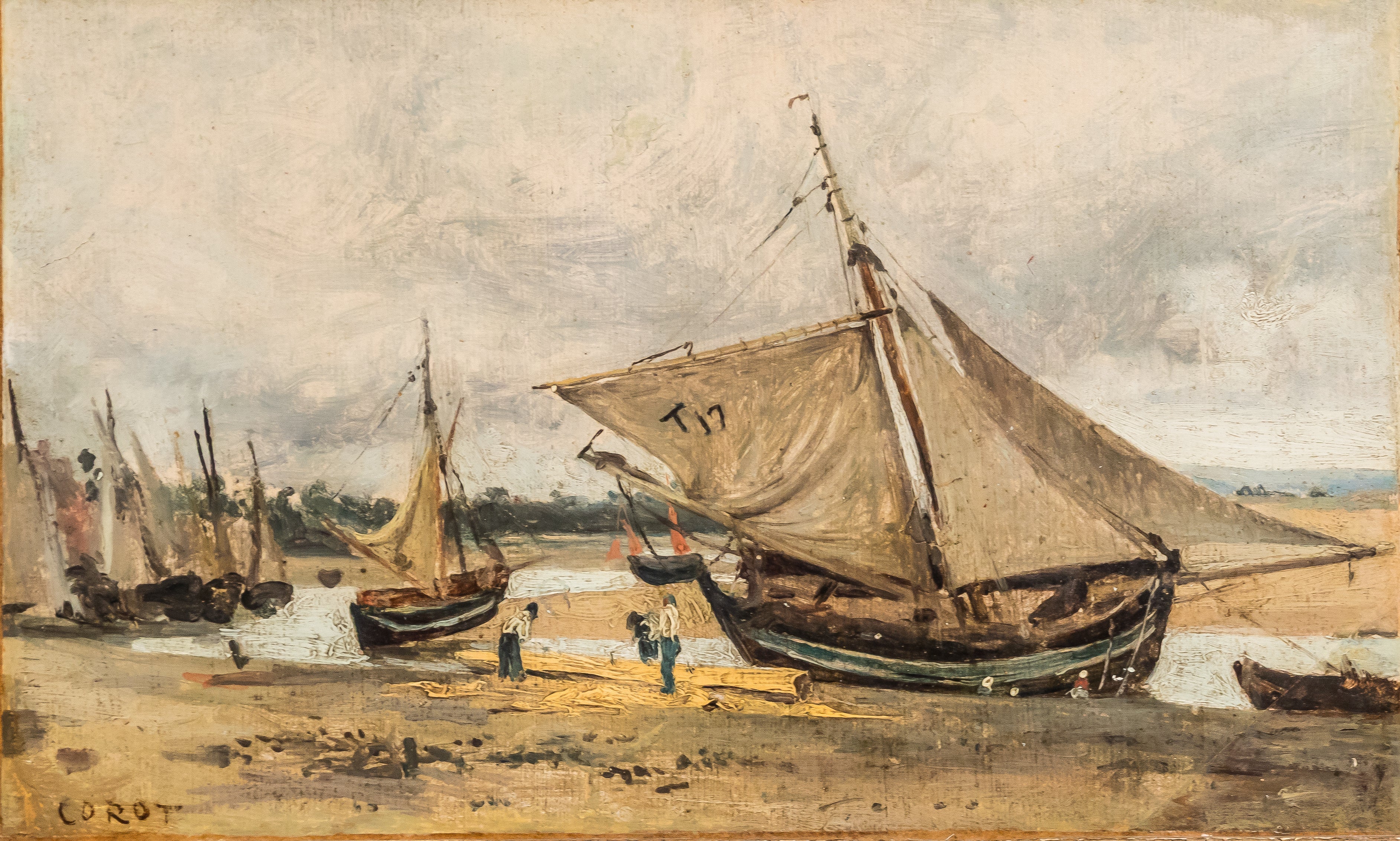 Trouville, bateaux de pêche échoués dans le chenal - Jean-Baptiste Camille Corot