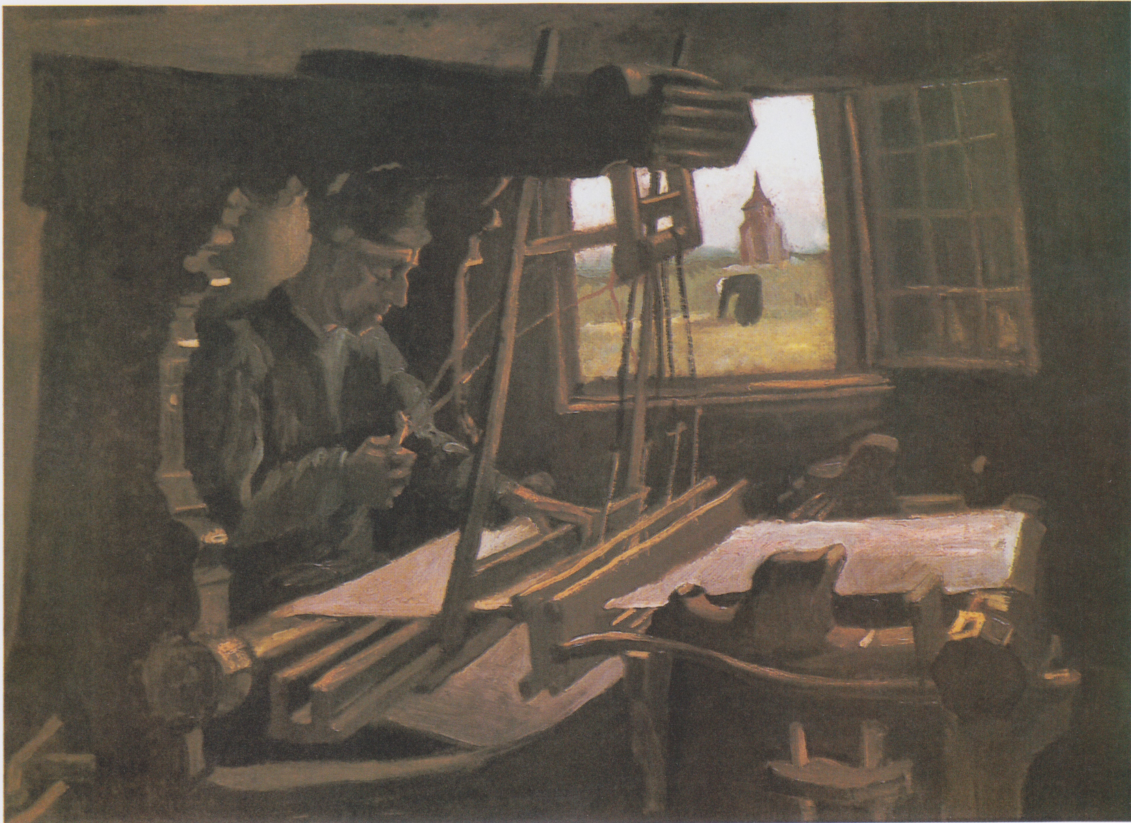 Reproduction du tableau « Weber devant une fenêtre ouverte avec vue sur la Tour de Nuenen - Vincent van Gogh » par Alpha Reproduction en peinture à l’huile