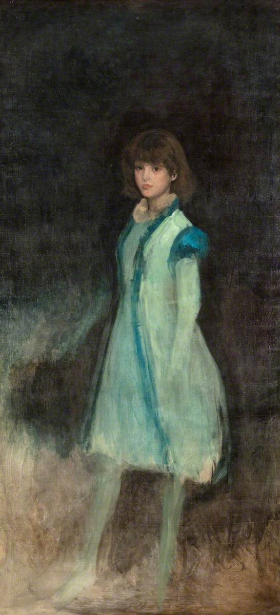 Reproduction du tableau « La fille bleue : Connie Gilchrist - James Abbott McNeill Whistler » par Alpha Reproduction en peinture à l’huile