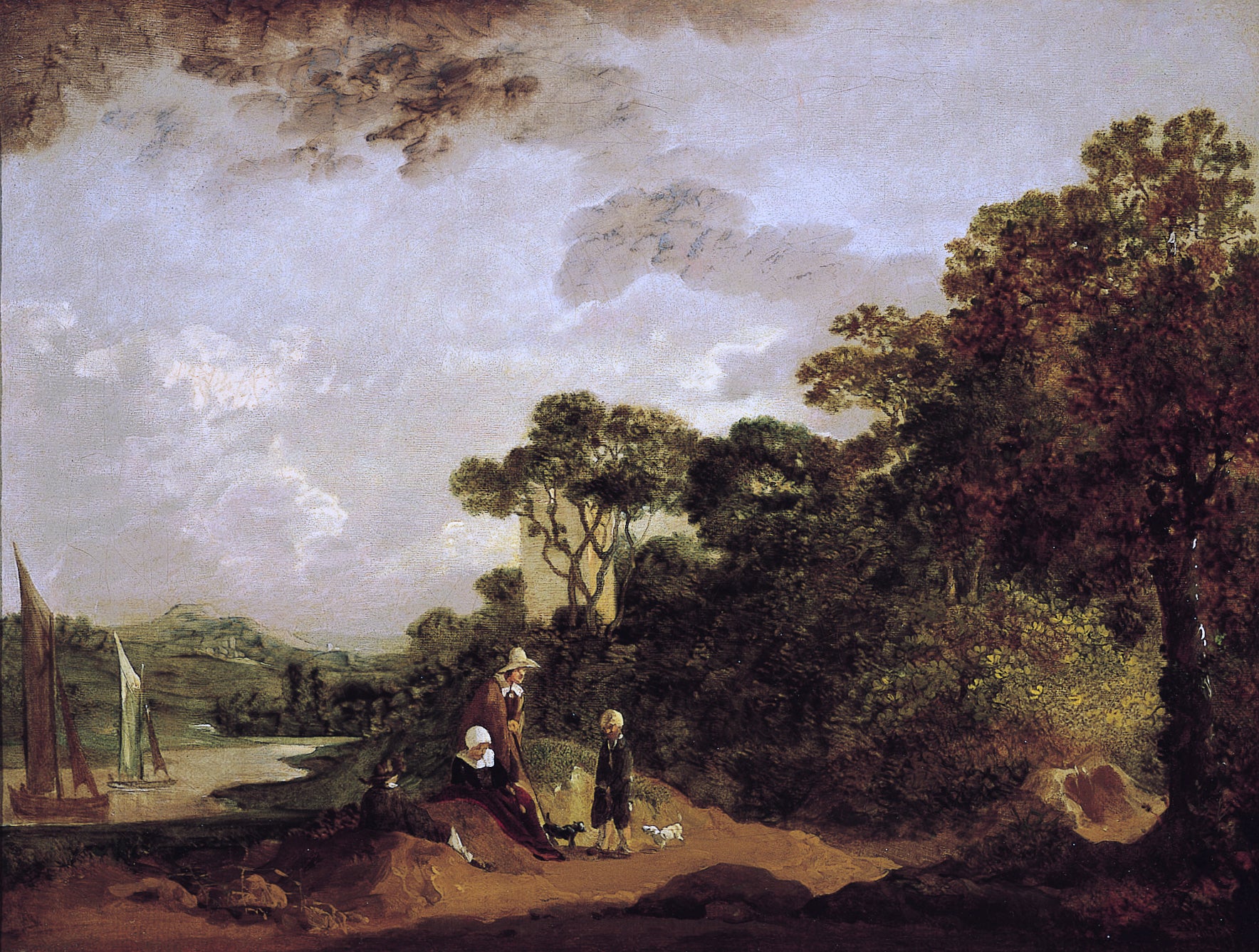 Paysage fluvial boisé avec paysans au repos et clocher d'église - Thomas Gainsborough