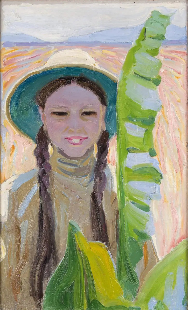 Kirsti parmi les feuilles de bananier, peinture d’Akseli Gallen-Kallela