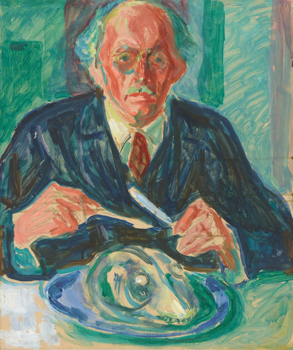 Autoportrait à la tête de chien sur une assiette - Edvard Munch image 1 copie peinte à la main à l’huile
