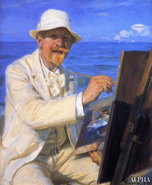 Autoportrait, assis près de son chevalet à la plage de Skagen - Peder Severin Kroyer - Reproductions de tableaux et peintures haut de gamme
