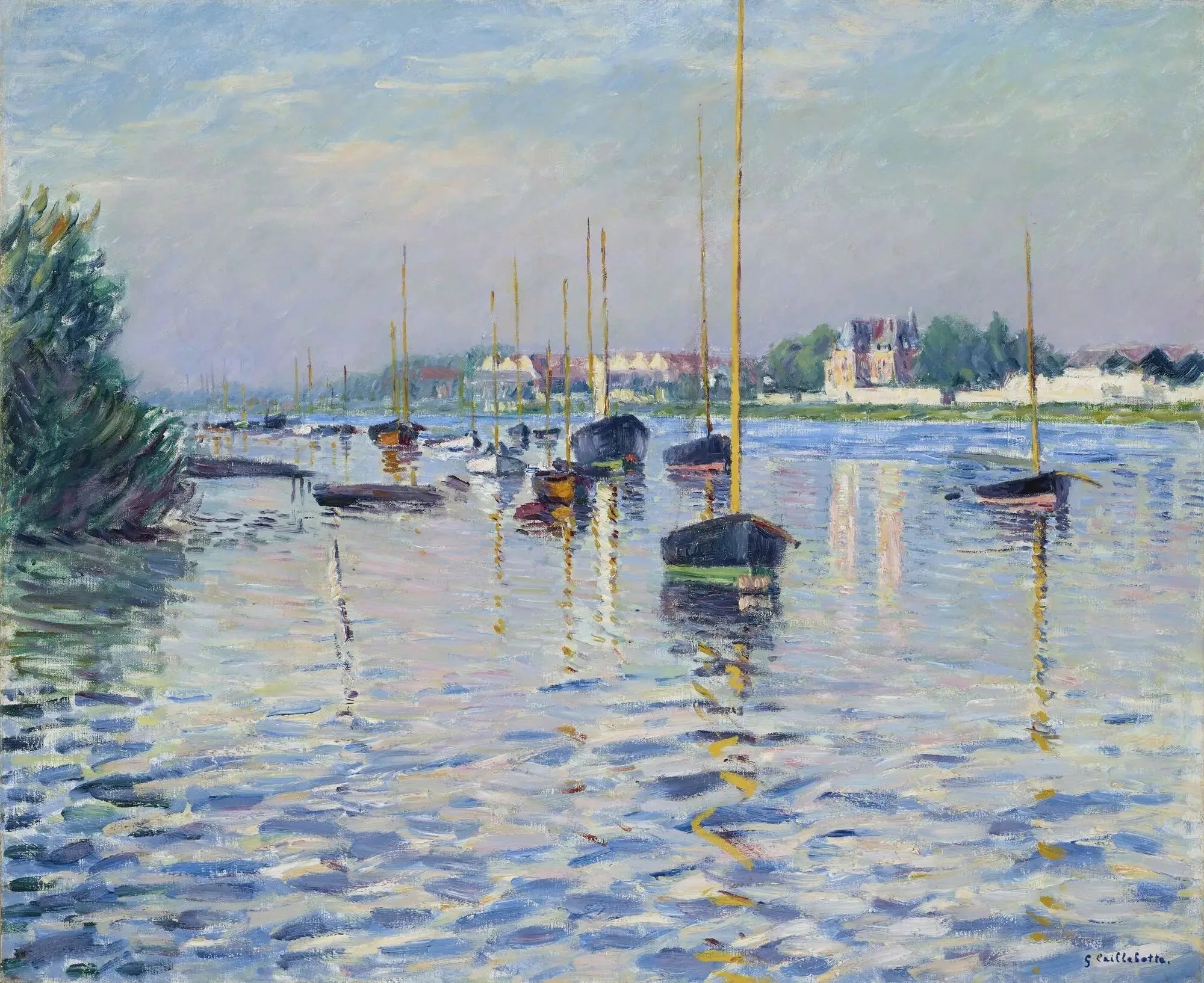 Bateaux au mouillage sur la Seine à Argenteuil - Gustave Caillebotte image 1 copie peinte à la main à l’huile