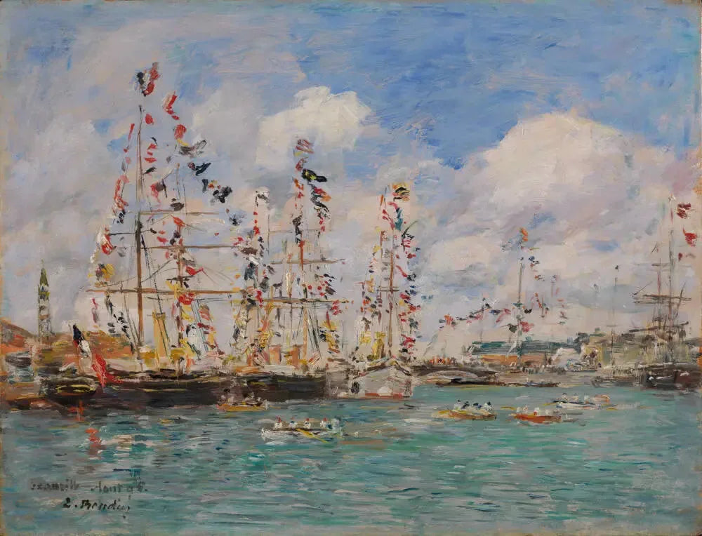 Bateaux décorés de drapeaux dans le port de Deauville - Eugène Boudin image 1 reproduction de peinture à l’huile