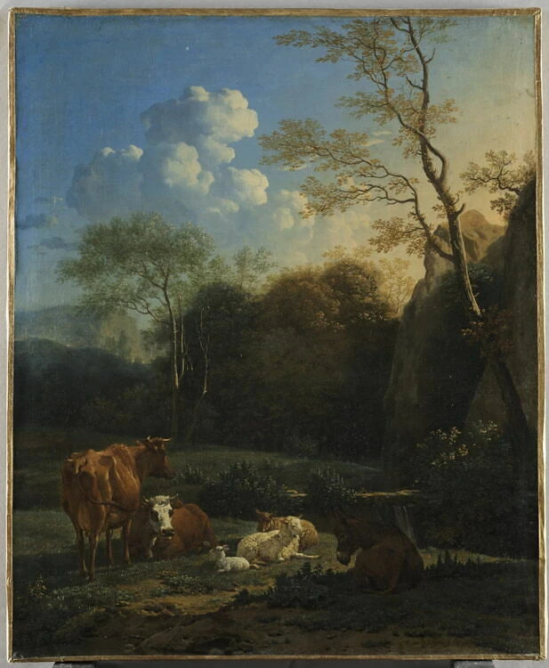 Le Bocage. Vaches, âne et moutons près d'un ruisseau - Karel Dujardin
