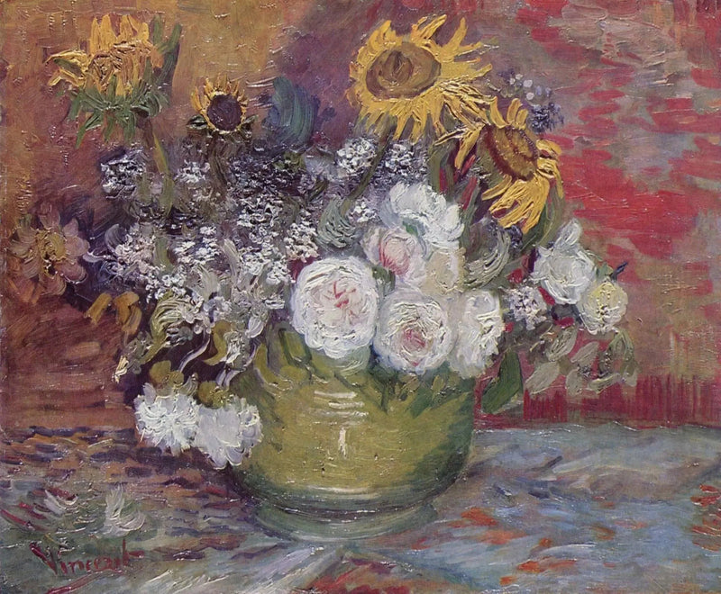 해바라기, 장미 및 기타 꽃이 담긴 그릇 - Vincent van Gogh
