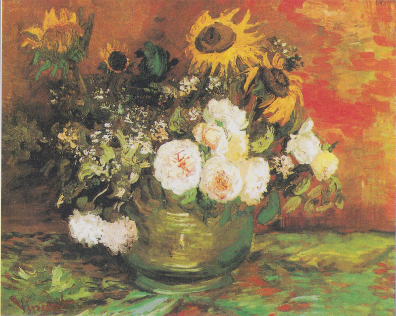 해바라기, 장미 및 기타 꽃이 담긴 그릇 - Vincent van Gogh