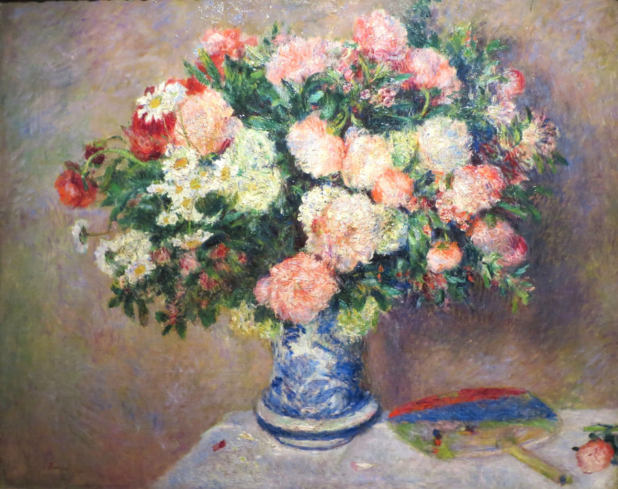 Bouquet de chrysanthèmes et éventail japonais peint par Renoir en 1880
