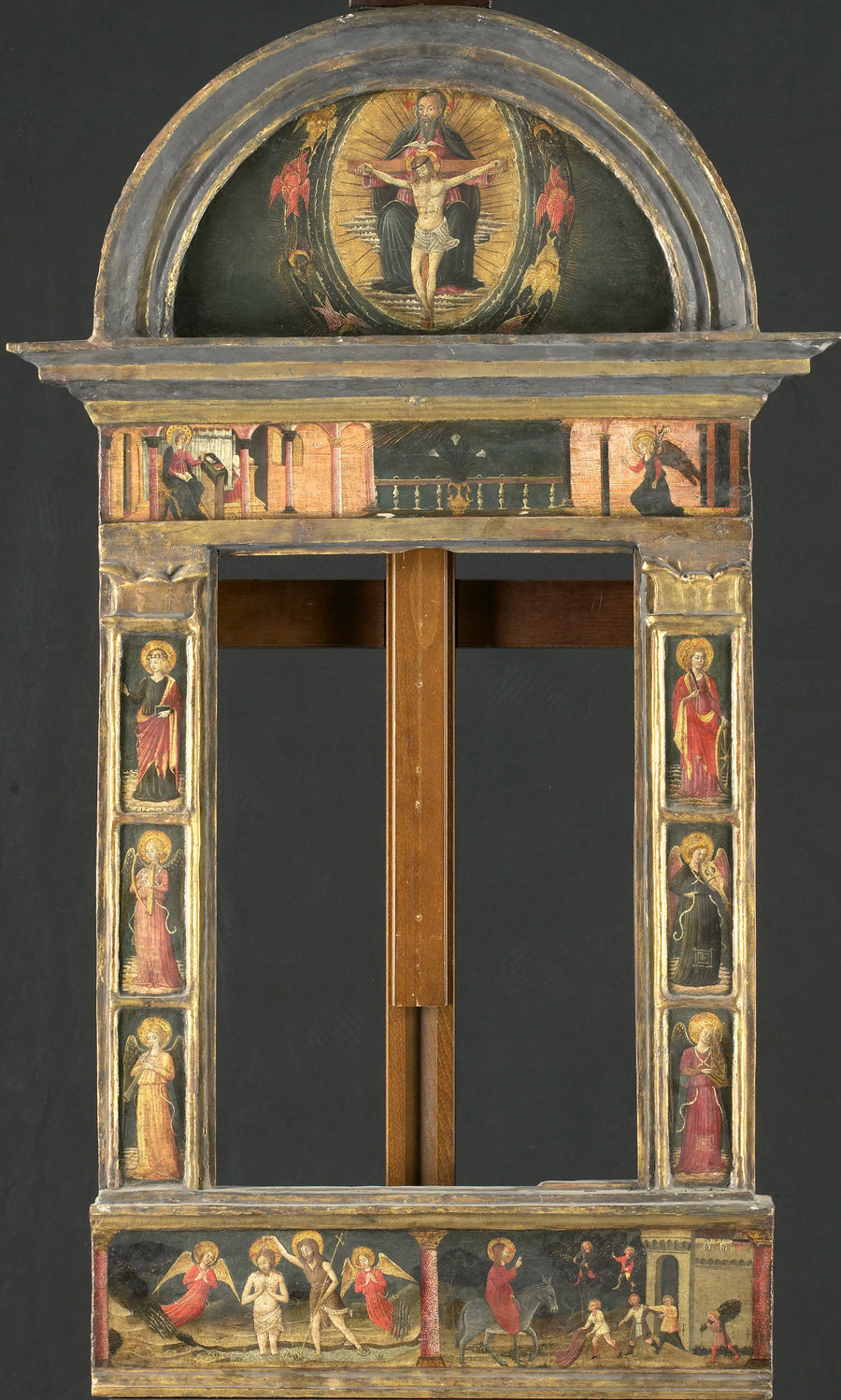 Cadre peint avec l'Annonciation, le Baptême du Christ, l'Entrée à Jérusalem, Saintes Cécile et Catherine, le Propitiatoire et quatre anges jouant de la musique - Giovanni di Francesco