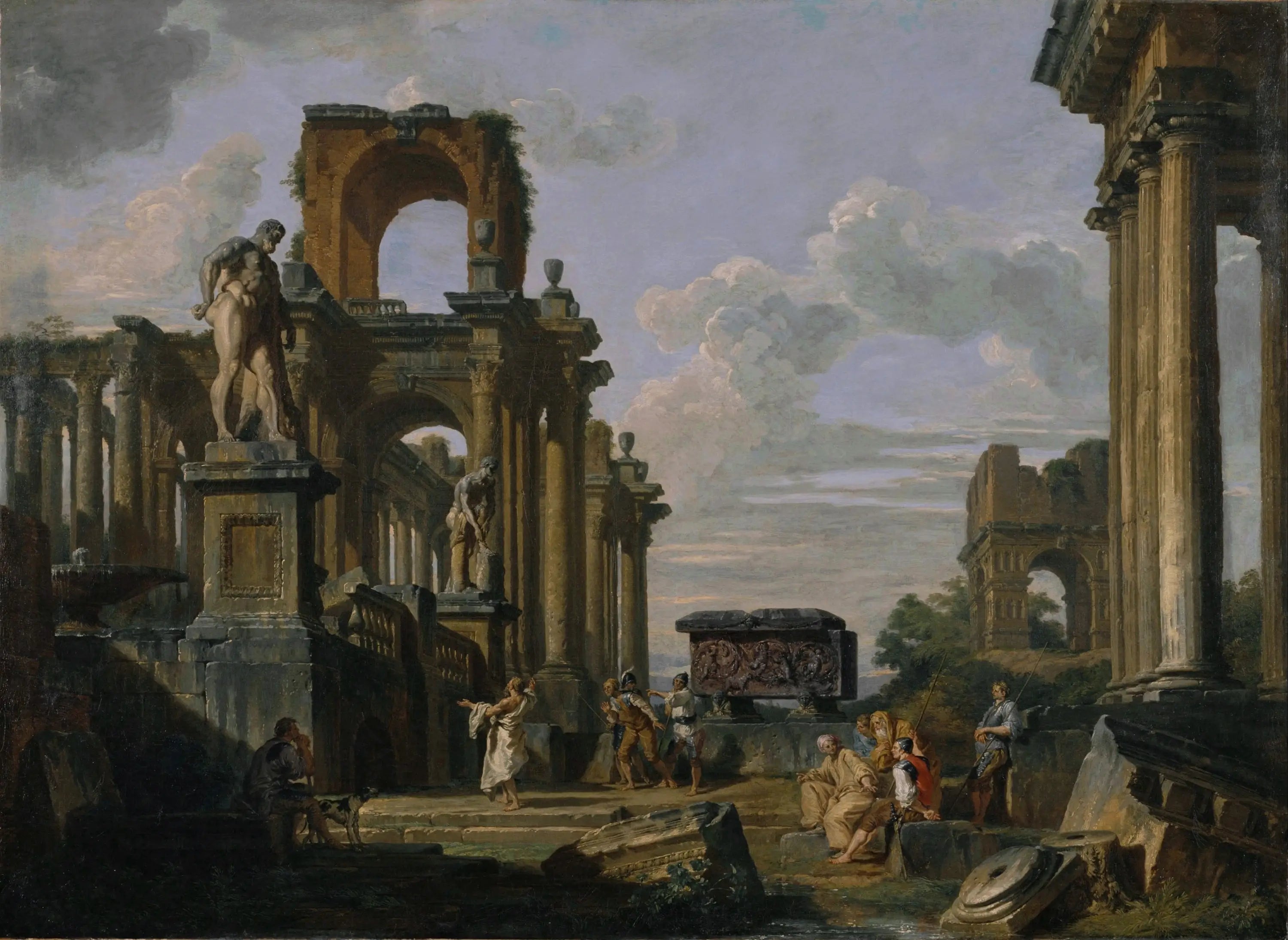 Capriccio architectural du Forum romain avec des philosophes et des soldats parmi des ruines antiques dont l’arc